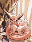  book commentary_request curtains cushion espeon forehead_jewel forked_tail highres indoors kuchiba_(jret2454) lying no_humans plant pokemon pokemon_(creature) potted_plant purple_eyes signature solo tail watering_can 