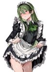  1boy absurdres alternate_costume apron ascot black_dress black_eyes blush closed_mouth clothes_lift crossdressing cum dress dress_lift enmaided frilled_dress frills green_ascot green_hair green_nails hair_between_eyes highres lifted_by_self lobotomy_corporation long_hair long_sleeves maid maid_headdress male_focus mu46016419 nail_polish netzach_(project_moon) nose_blush otoko_no_ko project_moon simple_background solo white_apron white_background 