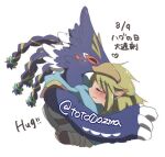  anthro avian blonde_hair blue_body blue_feathers blush breath_of_the_wild duo embrace eyes_closed feathers hair hug humanoid humanoid_pointy_ears hylian japanese_text link male male/male nintendo revali rito text the_legend_of_zelda toto0azma wings 