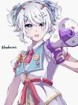  absurdres aqua_eyes bang_dream! belt blush character_request dress hair_ornament highres nuruponnu red_belt short_sleeves speaker two_side_up white_dress white_hair 