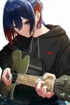  1girl acoustic_guitar alternate_costume alternate_hairstyle animal_print aqua_nails black_hoodie blue_eyes blue_hair closed_mouth colored_inner_hair commentary denim earrings fish_print guitar hair_between_eyes half_updo highres holding holding_instrument holding_plectrum hood hood_down hoodie instrument isshiki_(ffmania7) jeans jewelry kamitsubaki_studio leaning_forward light_blush looking_at_viewer multicolored_eyes multicolored_hair music pants playing_instrument plectrum red_eyes red_hair rim_(kamitsubaki_studio) short_hair sitting solo stud_earrings symbol-only_commentary twitter_username upper_body upturned_eyes yellow_pupils 