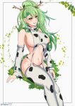  1girl animal_print antlers bare_shoulders blush braid breasts ceres_fauna cow_print detached_sleeves green_hair hair_ornament highres hololive hololive_english large_breasts long_hair looking_at_viewer multicolored_hair navel panties raitei717 sideboob simple_background sleeveless sleeveless_sweater sleeveless_turtleneck smile solo stomach streaked_hair sweater turtleneck twitter_username underwear virgin_destroyer_sweater virtual_youtuber white_background yellow_eyes 