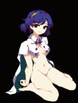  1girl 4qw5 bare_arms bare_legs barefoot black_background black_eyes blue_hair breasts buttons cape expressionless hair_ornament hand_on_ground looking_at_viewer medium_breasts medium_hair naked_cape navel nude pixel_art rainbow_print simple_background sitting solo tenkyuu_chimata touhou wariza white_cape 
