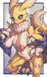  absurd_res anthro bandai_namco blue_eyes blush breasts canid canine claws digimon digimon_(species) female finger_claws fur genitals hi_res iepelppa looking_at_viewer mammal mostly_nude multicolored_ears nipples pussy renamon solo toe_claws yellow_body yellow_fur 