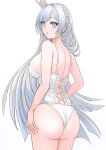  1girl argus_(azur_lane) ass azur_lane breasts corset cowboy_shot crown from_behind grey_eyes grey_hair highres large_breasts looking_at_viewer looking_back mini_crown open_mouth panties sai-go simple_background solo standing underwear white_background white_panties 