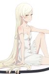  1girl absurdres bangs bare_shoulders blonde_hair breasts camui1104 closed_mouth commentary dress highres kiss-shot_acerola-orion_heart-under-blade kizumonogatari knee_up long_hair looking_at_viewer monogatari_(series) oshino_shinobu parted_bangs pointy_ears simple_background sitting sleeveless sleeveless_dress small_breasts smile solo strap_slip very_long_hair white_background white_dress yellow_eyes 