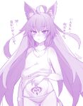  1girl ahoge animal_ears atalanta_(fate) atalanta_alter_(fate) bare_shoulders blush breasts cat_ears cat_tail collarbone fate/apocrypha fate/grand_order fate_(series) highres long_hair looking_at_viewer mitsurugi_sugar monochrome panties purple_theme small_breasts solo stomach_tattoo striped striped_panties tail tattoo thighs translation_request underwear 