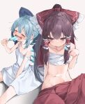 2girls absurdres bare_shoulders blue_bow blue_hair blush bow brown_hair chest_sarashi cirno closed_eyes closed_mouth collarbone dress flat_chest food frilled_bow frilled_hair_tubes frills hair_tubes hakurei_reimu highres holding_popsicle hot long_hair multiple_girls navel open_mouth popsicle red_eyes sarashi short_hair sitting sleeveless sleeveless_dress sweat touhou tsune_(tune) white_dress 