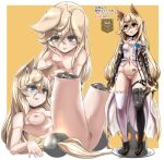  1girl :d android animal_ears anus ass black_thighhighs blonde_hair blue_eyes border breasts covered_nipples ear_tag fang figure_stand g41_(girls&#039;_frontline) girls&#039;_frontline hair_between_eyes heterochromia highres long_hair looking_at_viewer lying mechanical_parts multiple_views nipples nude on_back open_mouth outline panties pussy red_eyes simple_background sitting small_breasts smile standing thighhighs twintails uncensored underwear very_long_hair white_border white_outline white_panties white_thighhighs yaruku yellow_background 