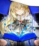 1girl black_bow blonde_hair book bow braid closed_eyes diandao_qin fate/grand_order fate_(series) floating floating_book floating_object gem glasses hat highres long_hair open_book smile tonelico_(fate) witch_hat 