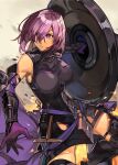  1girl absurdres alwaysregg armor armored_boots armored_leotard black_armor boobplate boots commentary detached_sleeves fate/grand_order fate_(series) gauntlets gloves highres holding holding_shield holding_weapon leotard mash_kyrielight parted_lips purple_eyes purple_gloves purple_hair purple_leotard shield short_hair solo sword weapon 