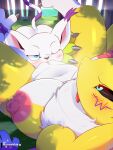  anthro anthro_on_anthro bandai_namco big_breasts breasts bunnemilk clitoris cunnilingus digimon digimon_(species) female fur gatomon genitals hi_res nipples oral renamon sex vaginal yellow_body yellow_fur 