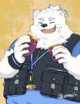  anthro bandage bandage_on_face canid canine canis clothing domestic_dog eating eyebrows food fur hi_res jewelry kuromaih lifewonders live_a_hero male mammal necklace nordic_sled_dog overweight plant samoyed smile solo spitz sweet_potato thick_eyebrows topwear vegetable vest white_body white_fur wristband yohack 