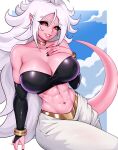  1girl abs absurdres android_21 bangle bare_shoulders black_nails black_sclera black_tube_top bracelet breasts bridal_gauntlets choker cleavage cloud cloudy_sky collarbone colored_sclera colored_skin cowboy_shot darkmoney detached_sleeves dragon_ball dragon_ball_fighterz gold_choker grin hand_on_own_chest harem_pants highres huge_breasts jewelry large_breasts long_hair looking_at_viewer majin_android_21 midriff muscular muscular_female navel outside_border pants parted_bangs pink_skin pointy_ears red_eyes sky smile solo strapless tail tube_top very_long_hair white_hair white_pants yellow_choker 