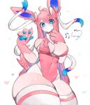  anthro big_breasts big_legs blue_eyes breasts bunny_costume clothed clothing costume eeveelution female generation_6_pokemon hair hi_res long_hair looking_at_viewer nintendo pink_body pink_hair pokemon pokemon_(species) simple_background solo sylveon togetoge 