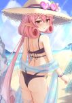  beach blush curly_hair hat highres i_tamima long_hair looking_at_viewer neneka_(princess_connect!) outdoors pink_eyes pink_hair princess_connect! sun_hat sunglasses swimsuit very_long_hair 