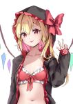  1girl bikini black_jacket blonde_hair blush closed_mouth collarbone crystal flandre_scarlet hair_between_eyes hair_ornament hood hood_up hooded_jacket jacket long_hair navel one_side_up open_clothes open_jacket red_bikini red_eyes shironeko_yuuki simple_background smile solo swimsuit tongue tongue_out touhou upper_body v w white_background wings x_hair_ornament 