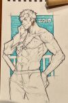  1boy cropped_legs fence graphite_(medium) greyscale_with_colored_background highres looking_ahead male_focus one_piece pants pectorals photo_(medium) roronoa_zoro scar scar_across_eye short_hair solo tentaro_en toned topless_male traditional_media watercolor_pencil_(medium) wet wet_hair 