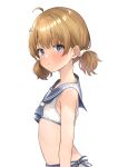  1girl absurdres b1ack_illust blue_eyes blush brown_hair flat_chest highres idolmaster idolmaster_million_live! looking_at_viewer looking_to_the_side petite sailor_bikini sailor_collar short_twintails simple_background solo suou_momoko twintails upper_body white_background 
