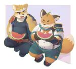  2boys absurdres ahoge animal_ears armor artist_name blush chewing closed_eyes commentary_request dog_boy dog_ears eating fang food food_on_face fox_boy fox_ears fox_tail fruit furry furry_with_furry highres holding holding_food iyo_(tamacolle) multiple_boys musashi_(tamacolle) one_eye_closed open_mouth pauldrons pointing pointing_at_self seamonsterping shoulder_armor single_pauldron suspenders tail tamacolle watermelon 