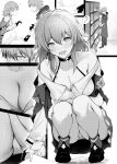  1boy 1girl ? absurdres aisutei bare_shoulders breasts caelus_(honkai:_star_rail) cleavage coat collarbone commentary_request fingerless_gloves gloves greyscale highres honkai:_star_rail honkai_(series) looking_at_viewer march_7th_(honkai:_star_rail) monochrome open_mouth paid_reward_available panties pleated_skirt skirt sleeves_rolled_up smile spoken_question_mark squatting standing trailblazer_(honkai:_star_rail) underwear 