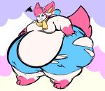  angry annoyed anthro belly big_belly biped blue_bottomwear blue_clothing blue_pants bottomwear clothed clothing eeveelution fat_arms fluffy fluffy_tail generation_6_pokemon girly gren hair hand_on_hip hi_res huge_belly huge_thighs hyper hyper_hips hyper_thighs male moobs morbidly_obese morbidly_obese_anthro morbidly_obese_male nintendo obese obese_anthro obese_male overweight overweight_anthro overweight_male pants pink_body pink_hair pokemon pokemon_(species) scarf sharp_teeth simple_background solo squish standing sylveon tail teeth thick_thighs three-quarter_view topless torn_bottomwear torn_clothing torn_pants velvet_(atsuineko) wardrobe_malfunction white_body yellow_scarf 
