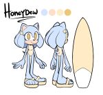  5_toes absurd_res anthro blue_body blue_fur clothing eulipotyphlan fan_character feet female flip_flops footwear fur hedgehog hi_res honeydew_(lettuce) humanoid_feet lettuce_(artist) mammal model_sheet one-piece_swimsuit plantigrade sandals sega simple_background solo sonic_the_hedgehog_(series) surfboard swimwear toes white_background 