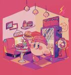  :q arm_up baseball_cap blue_eyes blush blush_stickers booth_seating bottle burger closed_mouth commentary cup drinking_glass faux_figurine food french_fries gumball_machine hanging_light hat highres holding holding_plate ice_cream ice_cream_float kirby kirby_(series) kirby_burger looking_at_viewer maxim_tomato no_(x_xasm) no_humans picture_frame plate red_background red_headwear shelf sign simple_background smile solo standing standing_on_one_leg star_(symbol) string_of_flags symbol-only_commentary table tile_floor tiles tongue tongue_out vending_machine window 