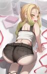  1girl all_fours ass ass_focus back black_shorts blonde_hair blush commentary_request from_behind gradient_hair green_eyes green_hair hair_ornament hairclip highres iruka_blue_(torriet) lace-trimmed_shirt lace_trim long_hair looking_at_viewer looking_back midriff multicolored_hair open_mouth original pantyhose parted_hair shirt short_shorts shorts solo thick_eyelashes torriet very_long_hair white_pantyhose white_shirt 