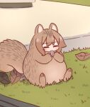  1girl ^_^ animal animalization autumn_leaves blush brown_hair closed_eyes commentary_request eating facing_viewer highres holding kemomimi-chan_(naga_u) naga_u on_grass original seed solo squirrel sunflower_seed 