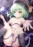  1girl :q absurdres ass black_background black_headwear black_thighhighs blush breasts censored closed_mouth commentary_request feet_out_of_frame green_eyes green_hair hat hat_ribbon heart heart_of_string highres komeiji_koishi looking_at_viewer medium_breasts mosaic_censoring nipples nude pussy ribbon shirotsuki_shirone short_hair solo thighhighs third_eye tongue tongue_out touhou yellow_ribbon 