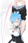  1girl armpits blue_eyes blue_hair blush closed_eyes detached_sleeves exercise eyes_visible_through_hair flexible hair_ornament hair_over_one_eye hair_ribbon hand_up highres maid maid_headdress mameroku pink_ribbon re:zero_kara_hajimeru_isekai_seikatsu rem_(re:zero) ribbon ribbon-trimmed_clothes ribbon_trim roswaal_mansion_maid_uniform short_hair solo stretching x_hair_ornament 