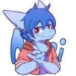  1:1 anthro blue_body blue_fur blue_hair blush bust_portrait cheek_tuft clothed clothing dragon facial_tuft fur furred_dragon hair hi_res jacket kuttoyaki male mouth_closed narrowed_eyes portrait purple_clothing purple_topwear red_clothing red_eyes red_jacket red_topwear short_hair simple_background solo topwear tuft white_background 