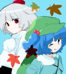  2girls ;q animal_ears back-to-back backpack bag blue_background blue_eyes blue_hair blunt_bangs closed_mouth dot_nose flat_cap frilled_shirt_collar frills from_side green_bag green_headwear grey_hair hair_bobbles hair_ornament hat high_collar inubashiri_momiji kawashiro_nitori leaf long_sleeves looking_at_viewer looking_to_the_side machiko_(beard) maple_leaf multiple_girls one_eye_closed pom_pom_(clothes) red_eyes red_headwear serious short_eyebrows short_hair sketch smile tareme thick_eyebrows tokin_hat tongue tongue_out touhou two_side_up upper_body v-shaped_eyebrows wing_collar wolf_ears 