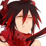  1boy black_hair coat demon_boy demon_horns facing_to_the_side fangs gloves grabbing_another&#039;s_hair haiiro_teien horns ivlis_(haiiro_teien) kuroko_mikura long_hair male_focus multicolored_hair pointy_ears ponytail red_gloves red_hair red_scarf scarf solo sweat teeth white_background white_coat yellow_eyes 