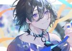  10_io 1boy bishounen black_hair black_nails choker collar ear_piercing guitar highres holostars instrument kanade_izuru male_focus piercing purple_eyes short_hair smile solo spiked_collar spikes upper_body 