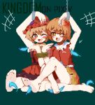  2girls aki_minoriko aki_shizuha arm_up artist_name bare_legs barefoot blush bound bound_wrists breasts brown_eyes brown_hair collared_dress collared_shirt dress eyelashes feathers feet flower full_body green_background hair_between_eyes hair_ornament hat hat_flower highres kingdom_(user_ysav4824) knee_up leaf_hair_ornament legs looking_at_viewer medium_hair multiple_girls on_ground one_eye_closed open_mouth orange_dress orange_headwear orange_shirt orange_skirt pixel_art shirt single_sleeve sitting skirt sleeveless sleeveless_dress small_breasts soles thighs tickling toes touhou 