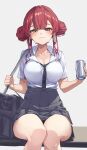  1girl absurdres antenna_hair black_necktie black_skirt blush breasts cleavage closed_mouth collarbone heterochromia highres hololive houshou_marine large_breasts long_hair looking_at_viewer necktie pleated_skirt red_eyes red_hair reulem shirt short_sleeves sitting skirt smile smug solo thighs virtual_youtuber white_shirt yellow_eyes 