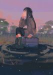  1girl absurdres black_eyes black_hair black_pants boots box brown_coat building closed_mouth coat dusk expressionless grass hand_on_own_chin highres katakai long_hair long_sleeves looking_ahead original outdoors pants profile purple_sky sitting sitting_on_box solo tree utility_pole 