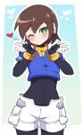  1girl absurdres aile_(mega_man_zx) black_bodysuit blowing_kiss blue_jacket blush bodysuit brown_hair buzzlyears closed_mouth green_eyes heart highres jacket looking_at_viewer mega_man_(series) mega_man_zx one_eye_closed short_hair short_sleeves shorts solo white_shorts 