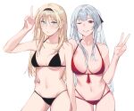  2girls absurdres ak-12_(girls&#039;_frontline) an-94_(girls&#039;_frontline) arm_around_waist arm_up bikini black_bikini black_hairband blonde_hair blue_eyes blush breasts cleavage closed_mouth collarbone cowboy_shot front-tie_bikini_top front-tie_top girls&#039;_frontline grey_hair hair_between_eyes hairband hand_on_another&#039;s_waist highres kavni large_breasts long_hair looking_at_viewer medium_breasts multi-strapped_bikini_bottom multiple_girls navel one_eye_closed purple_eyes red_bikini side-by-side simple_background smile string_bikini swimsuit v white_background 