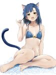  1girl animal_ears bare_shoulders barefoot blue_bra blue_hair blue_panties blush bra breasts cat_ears cat_tail collarbone hair_ornament hand_in_own_hair highres idolmaster idolmaster_million_live! idolmaster_million_live!_theater_days looking_at_viewer nanao_yuriko navel open_mouth panties rauto ribbon short_hair simple_background sitting small_breasts solo stomach tail underwear yellow_eyes yellow_ribbon 