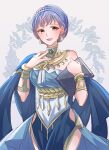  1girl :d blue_dress blue_hair book bracelet braid breasts commentary_request cowboy_shot crown_braid dancer_(three_houses) dress earrings fire_emblem fire_emblem:_three_houses fire_emblem_heroes grey_background highres holding holding_book jewelry large_breasts looking_at_viewer marianne_von_edmund short_hair smile solo standing yutohiroya 
