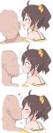  1boy 1girl blush brown_hair bubukka green_eyes hair_ornament hair_scrunchie hetero highres hololive kiss natsuiro_matsuri open_mouth scrunchie short_hair simple_background smile virtual_youtuber whispering whispering_in_ear white_background yellow_scrunchie 