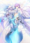  1girl armored_boots blue_eyes blush boots breasts cropped_jacket fate/grand_order fate_(series) hair_ribbon highres jacket long_hair long_sleeves looking_at_viewer meltryllis_(fate) navel no-kan prosthesis prosthetic_leg purple_hair ribbon sleeves_past_fingers sleeves_past_wrists small_breasts solo very_long_hair white_jacket white_ribbon 