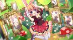  1girl :d ahoge alice_in_wonderland animal_ears ascot black_footwear blue_eyes brown_suit bush cardboard_cutout club_(shape) cosplay diamond_(shape) dot_nose dutch_angle fake_animal_ears film_grain flower game_cg gloves heart izumi_tsubasu jumping lens_flare looking_at_viewer mary_janes multiple_reflections mushroom non-web_source official_art open_mouth orange_hair pink_ascot rabbit_ears rabbit_pose re:stage! red_skirt reflection shikimiya_mana shoes short_hair short_sleeves skirt smile spade_(shape) sparkle stage suit suit_jacket thighhighs tree white_flower white_gloves white_rabbit_(alice_in_wonderland) white_rabbit_(alice_in_wonderland)_(cosplay) white_thighhighs wire wooden_floor yellow_ascot zettai_ryouiki 