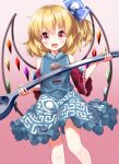  1girl :d bare_shoulders blonde_hair blue_ribbon commentary_request cosplay crystal feet_out_of_frame flandre_scarlet gradient_background hair_ribbon highres holding looking_at_viewer one_side_up open_mouth pink_background red_eyes red_sleeves ribbon ruu_(tksymkw) short_hair smile solo touhou toutetsu_yuuma toutetsu_yuuma_(cosplay) wings 