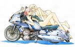  2girls artist_name ass barefoot black_one-piece_swimsuit blonde_hair brown_eyes covered_nipples from_side hair_behind_ear highres holding_hands license_plate long_hair looking_at_another looking_up motor_vehicle motorcycle multiple_girls one-piece_swimsuit original parted_lips see-through see-through_shirt shadow swimsuit vehicle_focus very_long_hair white_background yonemura_kouichirou yuri 