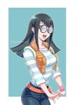  1girl :d black_hair black_pants blue_background border breasts carly_nagisa collarbone cowboy_shot izapara long_hair long_sleeves medium_breasts open_mouth pants round_eyewear shirt smile solo striped striped_shirt twitter_username white_border wristband yu-gi-oh! yu-gi-oh!_5d&#039;s 