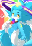  anthro bicolored_fur blue_body blue_fur breasts colorful colorful_background containing_food crystals_on_the_body featureless_breasts female fengyi_origami fur heart_pattern holding_food_in_mouth markings moon_(marking) seer_(copyright) solo taomi unknown_species white_body yellow_eyes 